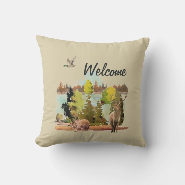 Vattenfärg utomhus, skogsdjur Dekorativ kudde (Framsida)