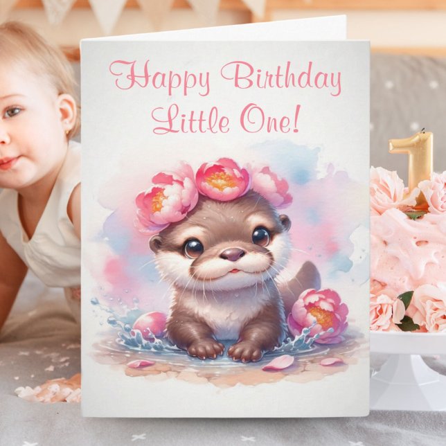 Vattenfärg Utter Med Peonies Födelsedag Kort (Adorable Otter wearing peonies on her head wishing someone a special Happy Birthday.)