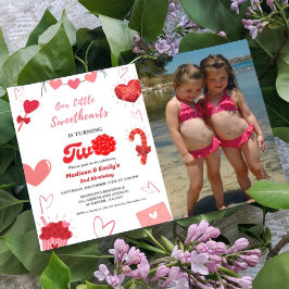Vattenfärg Valentine Hjärtat Twin Girls 2:a födels Inbjudningar