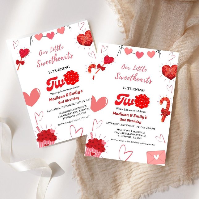 Vattenfärg Valentine Hjärtat Twin Girls 2:a födels Inbjudningar (Skapare uppladdad)