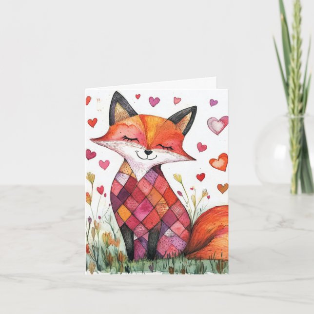 Vattenfärg Valentine-rävkort Helgkort (Framsida)