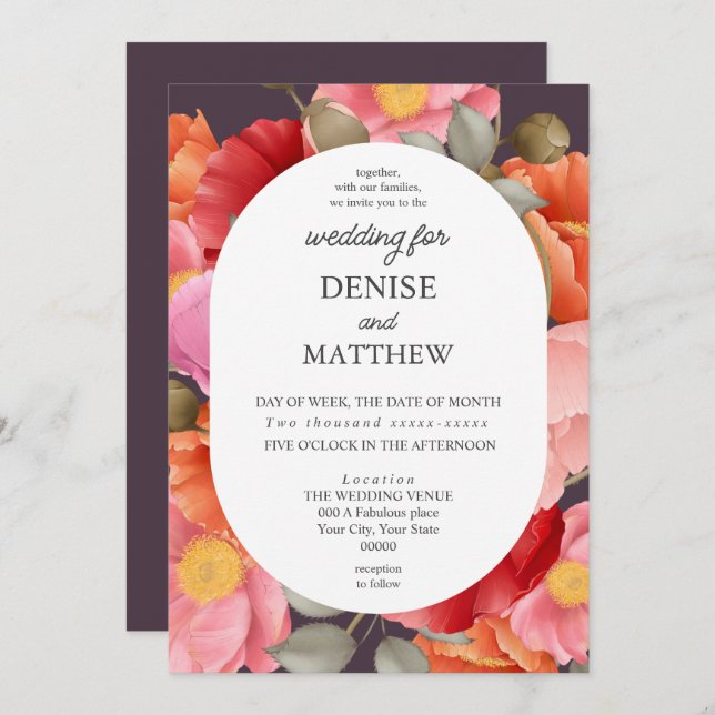 Vattenfärg Vallmo på Midnatt Plommon Inbjudningar (Fram/baksida)