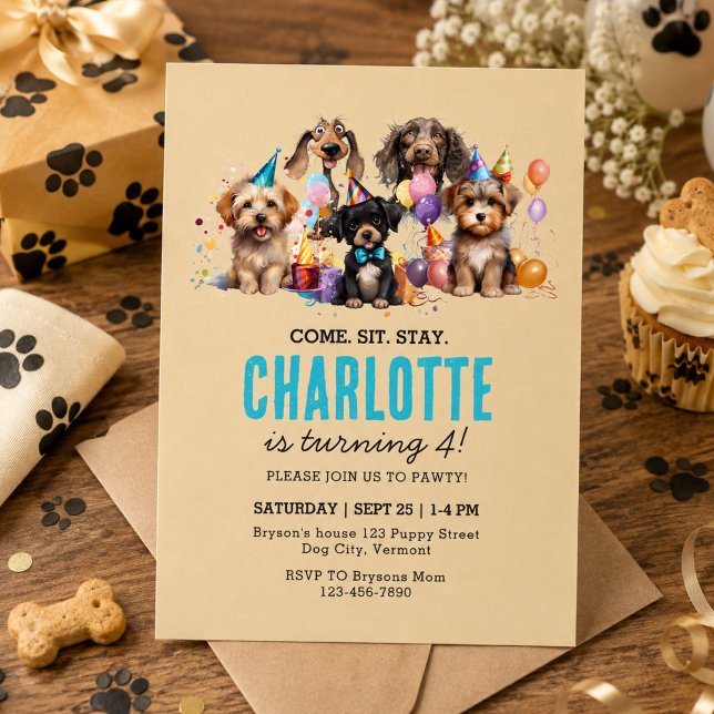 Vattenfärg Valp Pawty Hund Födelsedag Inbjudningar (Watercolor Puppy Pawty Dog Birthday Invitation)