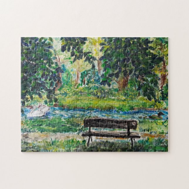 Vattenfärg - Vår Bench - Välj Storlek Pussel (Horisontell)