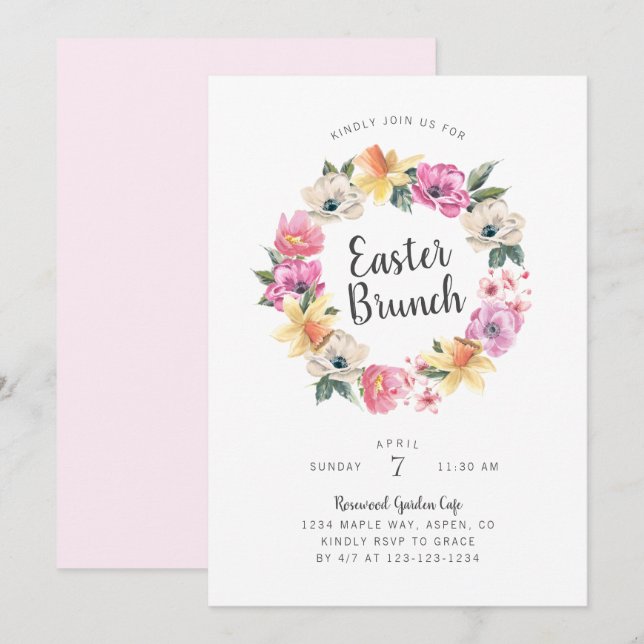 Vattenfärg Vår Blommig Krans Påskbrunch Inbjudningar (Fram/baksida)
