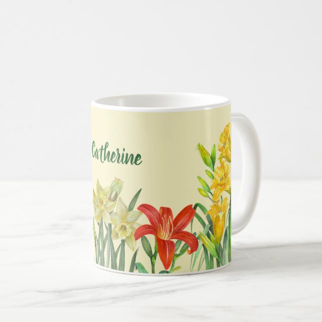 Vattenfärg Vår blommor botaniska illustrationer Kaffemugg (Framsida höger)