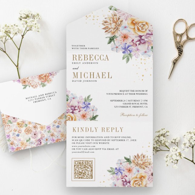 Vattenfärg Vår Blommor Guld QR-kod Bröllop (Skapare uppladdad)