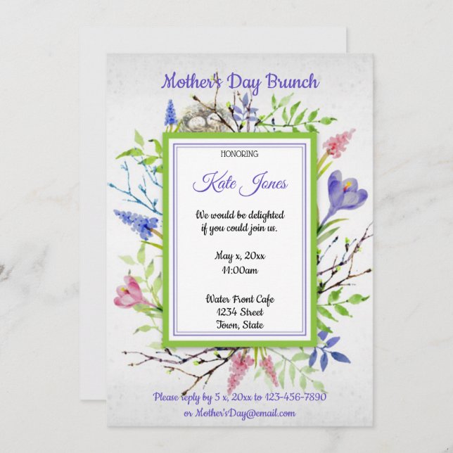 Vattenfärg, Vår blommor, Mors dag Brunch Inbjudningar (Fram/baksida)