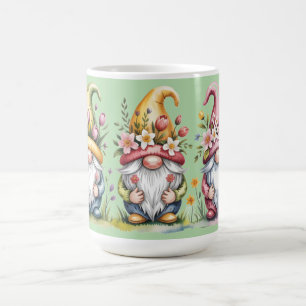Vattenfärg vår gnom trio med blomsterhattar kaffemugg
