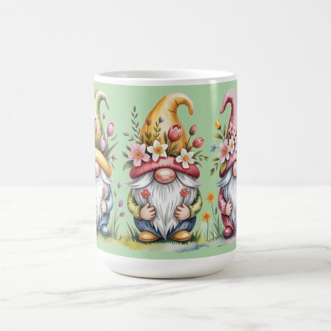 Vattenfärg vår gnom trio med blomsterhattar kaffemugg (Center)