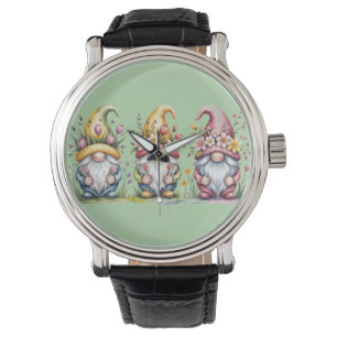 Vattenfärg vår-gnomtrio med blommiga hattar armbandsur