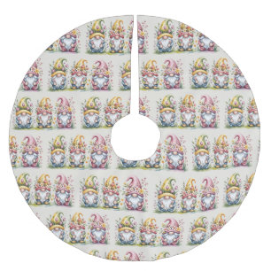 Vattenfärg vår-gnomtrio med blommiga hattar julgransmatta borstad polyester
