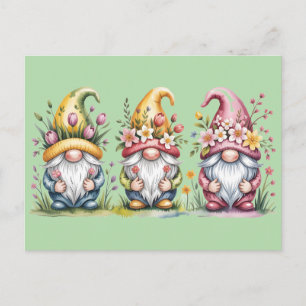 Vattenfärg vår-gnomtrio med blommiga hattar vykort