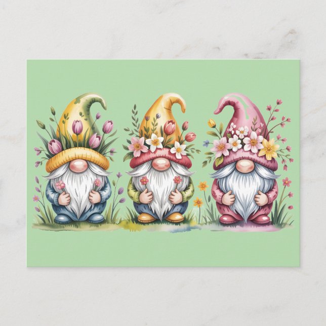 Vattenfärg vår-gnomtrio med blommiga hattar vykort (Framsida)