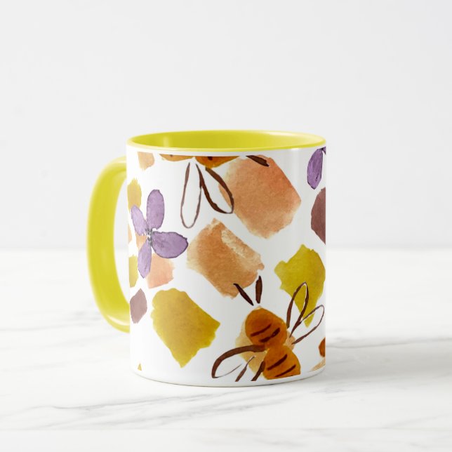 Vattenfärg Vår Gula Blommig Bipattern Mugg (Framsida vänster)