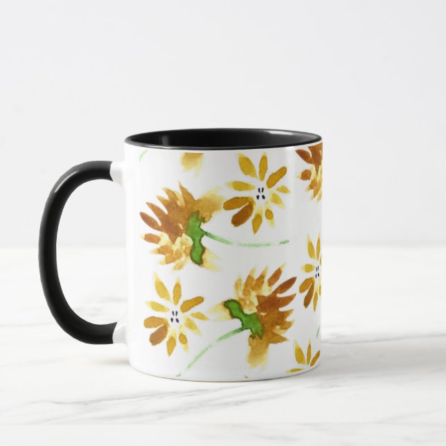 Vattenfärg Vår Gult Blommigt Botaniskt Mönster Mugg (Vänster)