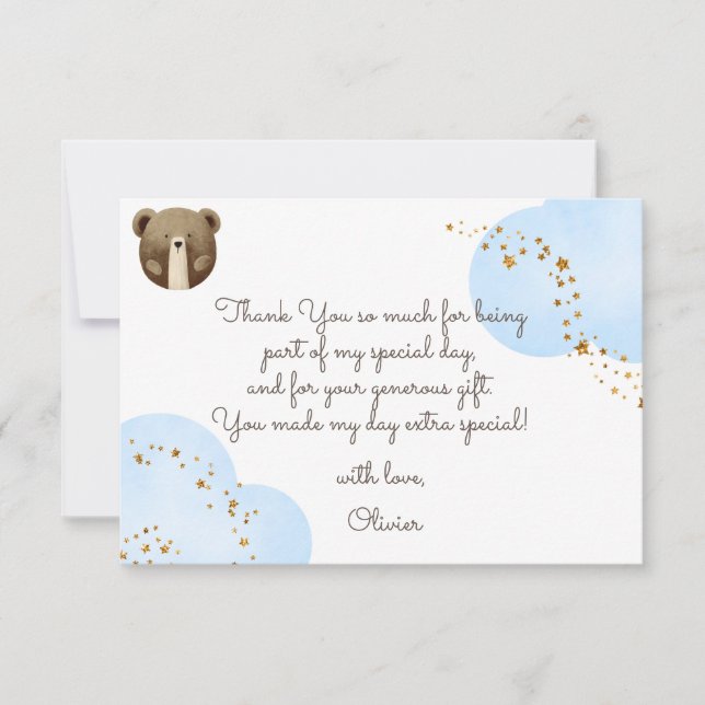 Vattenfärg vår lilla björn fyller en baby tack kort (Framsida)