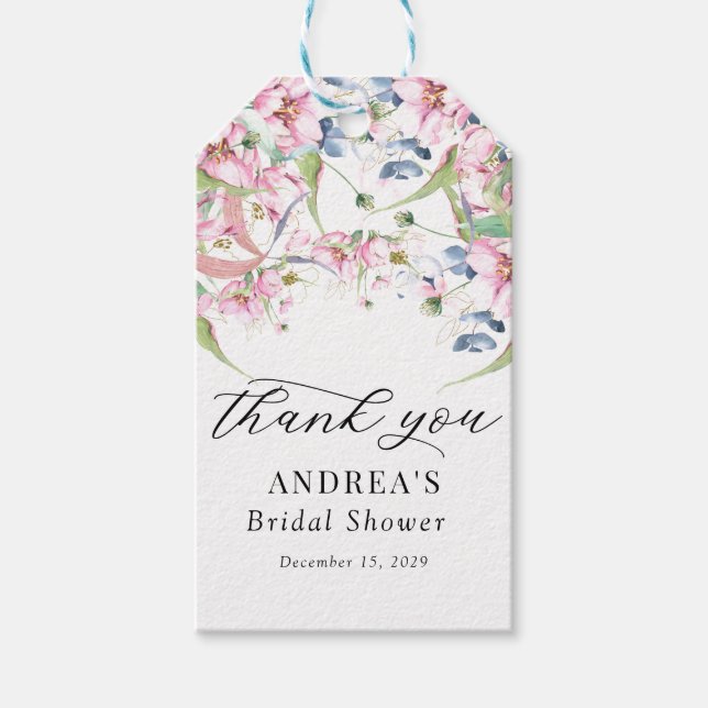 Vattenfärg Vår Rosa Blommig Tack Presentetikett (Framsidan)