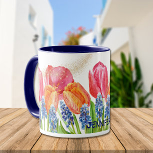 Vattenfärg Vår Tulips och Flowers Glitter Mugg