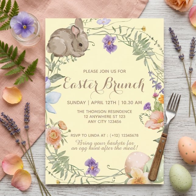 Vattenfärg Vårblomma Kanin Påskbrunch  Inbjudningar (Skapare uppladdad)