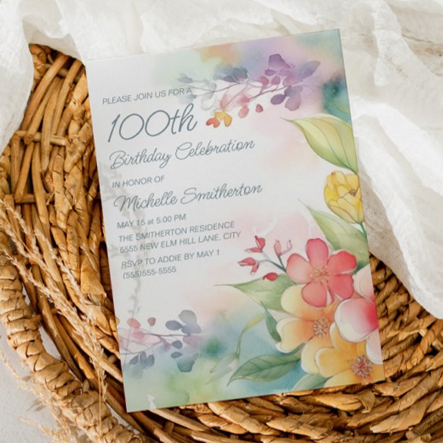Vattenfärg Vårblommor 100-årsdag Inbjudningar (Skapare uppladdad)