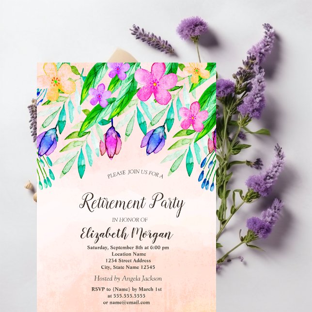 Vattenfärg Vårblommor Pensionering  Inbjudningar (Skapare uppladdad)