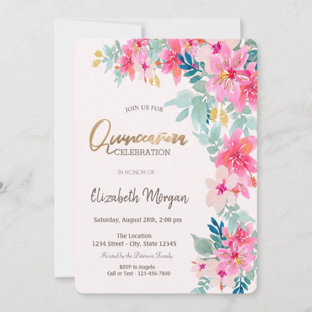 Vattenfärg Vårblommor Quinceañera Inbjudningar (Framsida)