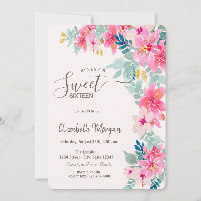 Vattenfärg Vårblommor Sweet 16 Inbjudningar (Framsida)