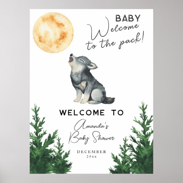 Vattenfärg Varg Baby shower Välkommen Poster (Framsidan)