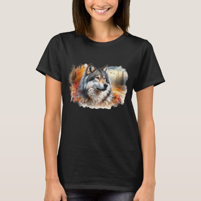 Vattenfärg varg i höst  t shirt (Framsida)