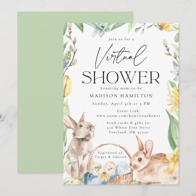 Vattenfärg vårkaniner Virtuell baby shower Inbjudningar (Fram/baksida)