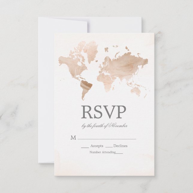 Vattenfärg Världskarta Bröllop RSVP OSA Kort (Framsida)