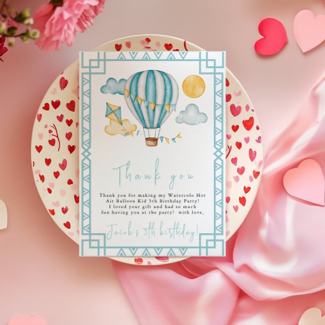 Vattenfärg Varmluftsballong Kid 5-årsfest  Tack Kort (Skapare uppladdad)