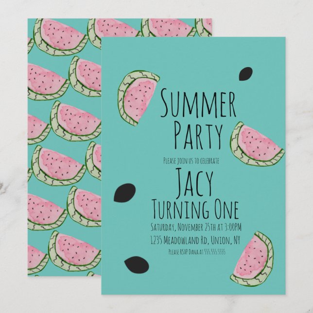 Vattenfärg Vattenmelon Sommar Frö Födelsedagsfest Inbjudningar (Fram/baksida)