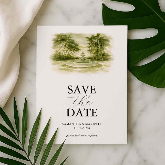 Vattenfärg Venue Spara Datum Mall (Watercolor venue save the dates Gran Paraiso Gardens, FL by Victoria Grigaliunas of Do Tell A Belle)