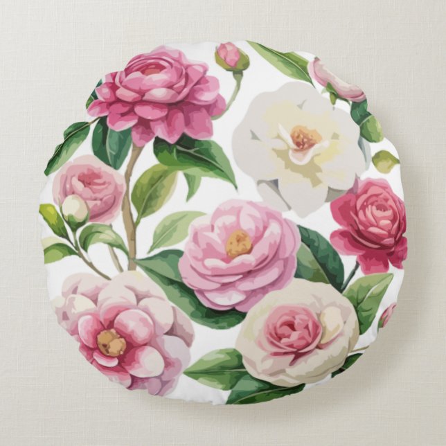Vattenfärg Vibrant Camellia Rund Kudde (Framsidan)