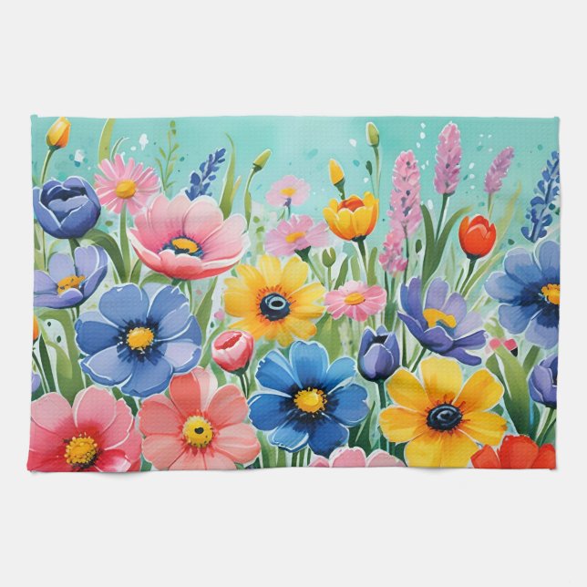 Vattenfärg Vibrant Vår blommor Mönster Kökshandduk (Horisontell)