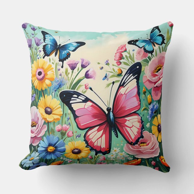 Vattenfärg Vibrant Vår blommor Mönster Kudde (Framsida)