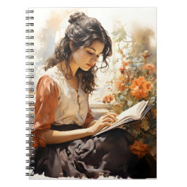 Vattenfärg Victorian Woman Läsning A Bok Anteckningsbok