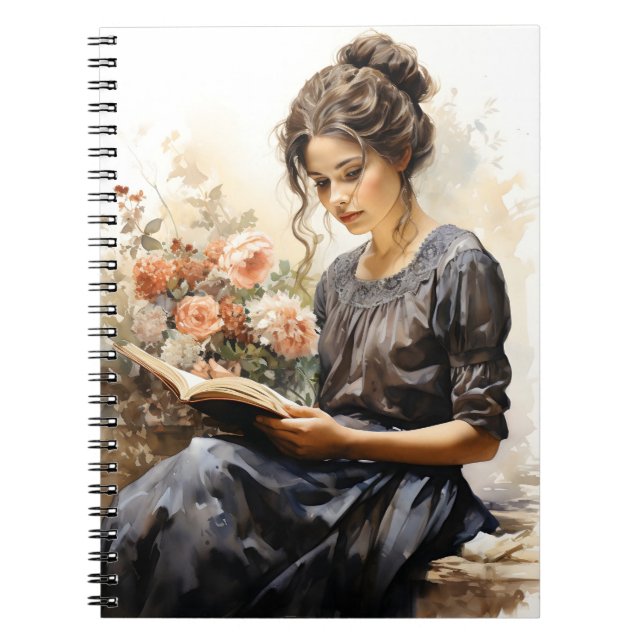 Vattenfärg Victorian Woman Läsning A Bok Anteckningsbok (Framsidan)