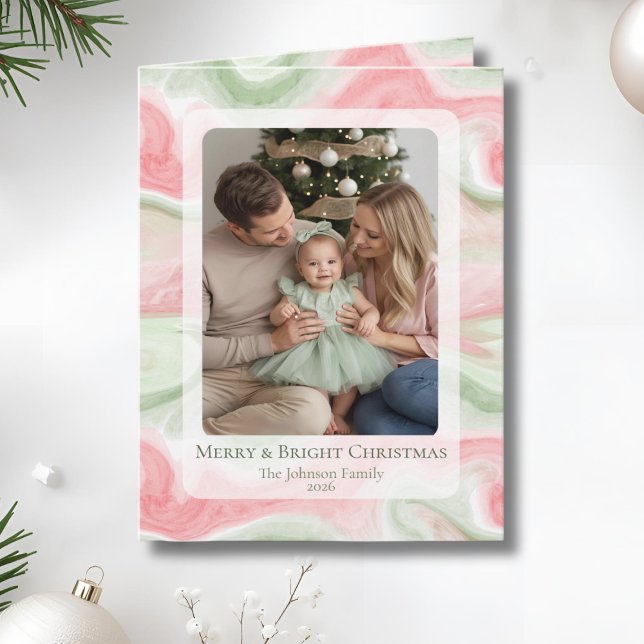 Vattenfärg Vikad Högtidlig Fotografisk Lyckönsknin Kort (Modern Watercolor Folded Holiday Photo Card with Personalized Message)