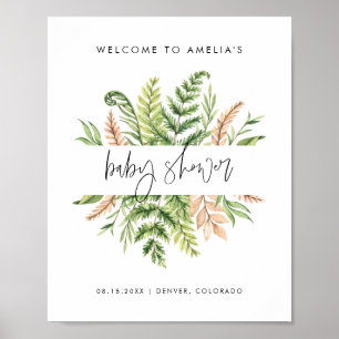 Vattenfärg Vild Lövverk Bebis Shower Välkommen Poster