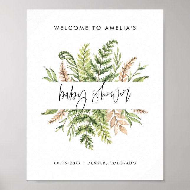 Vattenfärg Vild Lövverk Bebis Shower Välkommen Poster (Framsidan)