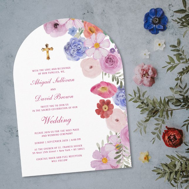 Vattenfärg Vilda Blommor Båge Religiös Bröllop Inbjudningar (Skapare uppladdad)