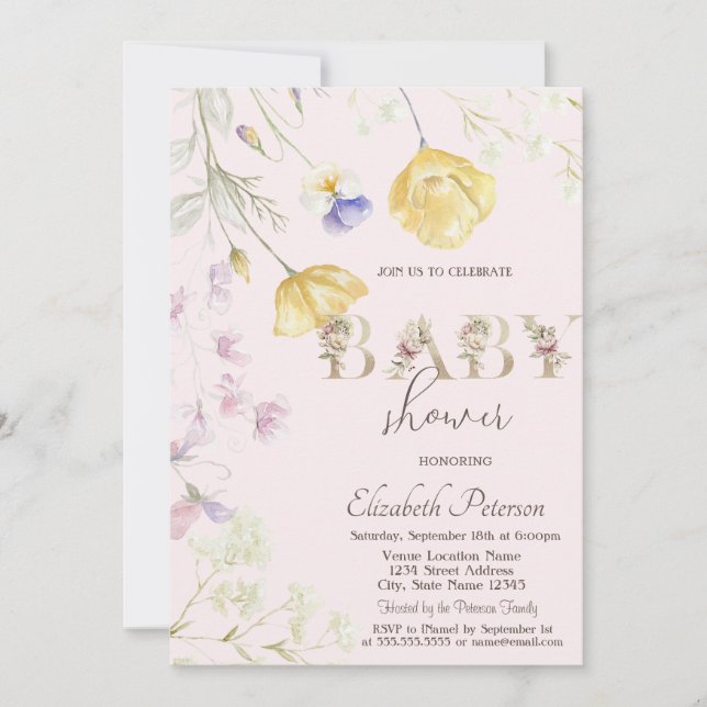 Vattenfärg Vilda Blommor Bebis Shower Inbjudningar (Framsida)