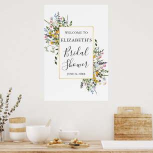 Vattenfärg Vilda Blommor Guld Ram Bröllopsdusch Poster