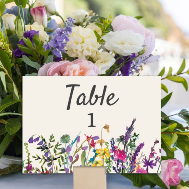Vattenfärg Vilda Blommor Kräm Lila Bröllop Bordsnummer (Watercolor wildflowers wedding reception table number)