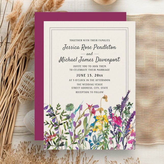 Vattenfärg Vilda Blommor Kräm Lila Bröllop Inbjudningar (Watercolor wildflowers wedding invitation)