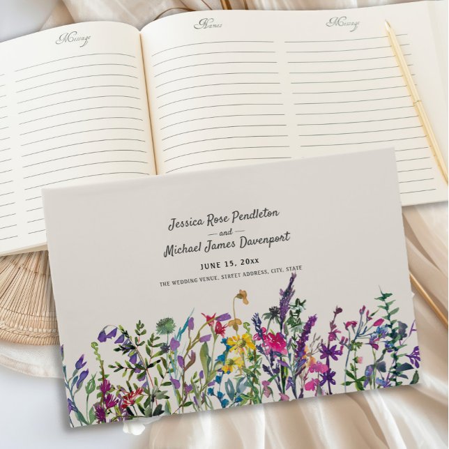 Vattenfärg Vilda Blommor Kräm Purpur Bröllop  Gästböcker (Watercolor wildflowers wedding guestbook)