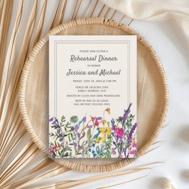 Vattenfärg Vilda Blommor Kräm Rustik Bröllopsfest  Inbjudningar (Wildflower wedding rehearsal dinner invitation)